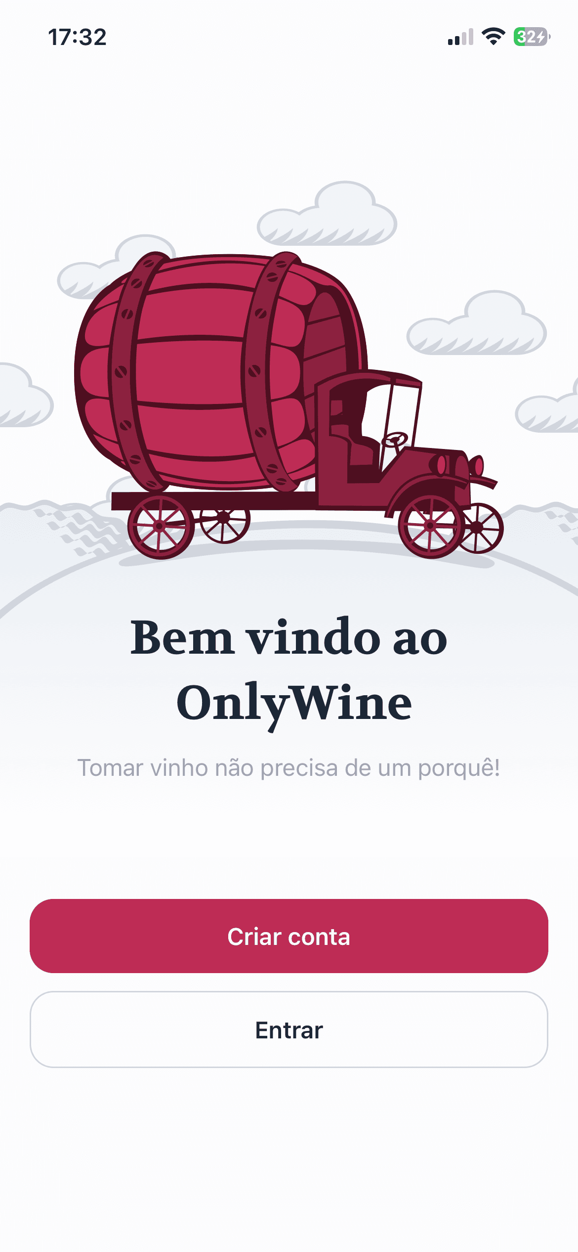 Tela de boas-vindas do aplicativo OnlyWine
